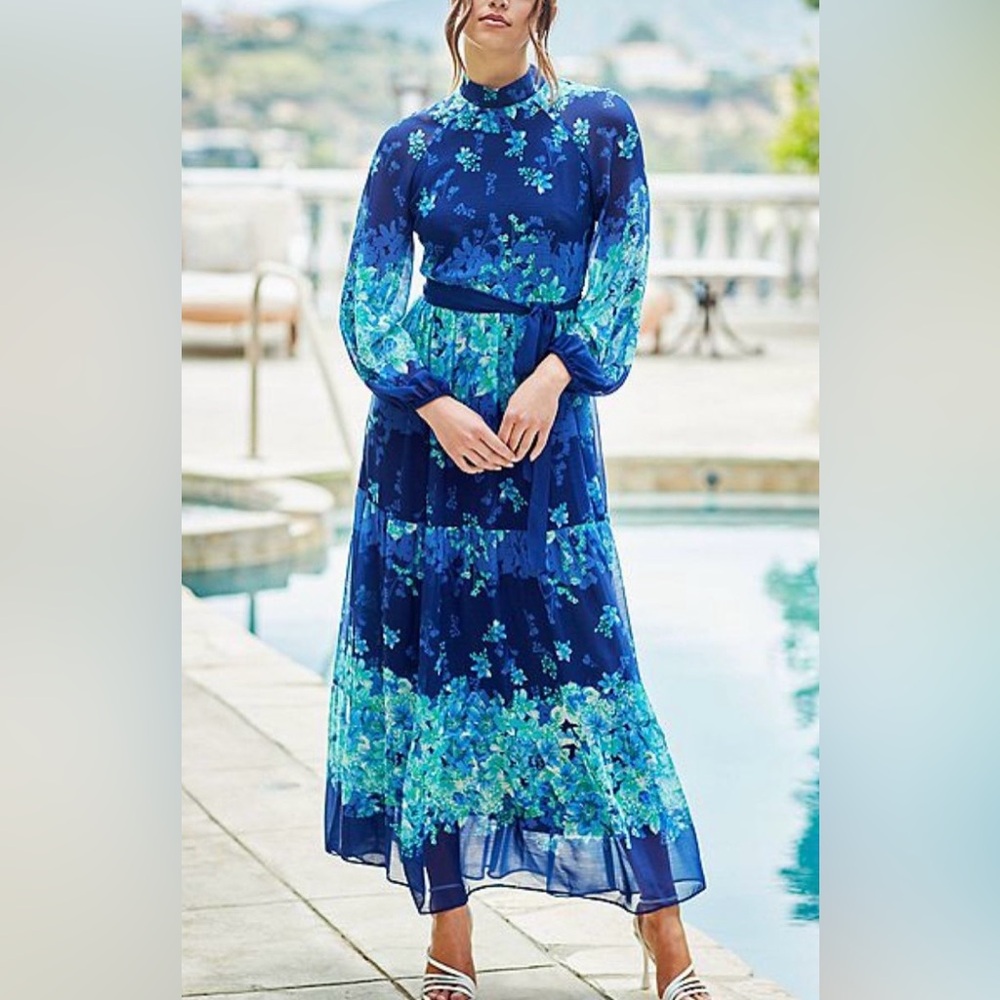 Maison Tara Romantic Blue, Aqua and Periwinkle Floral Maxi Dress, NWT, Sz. 12
